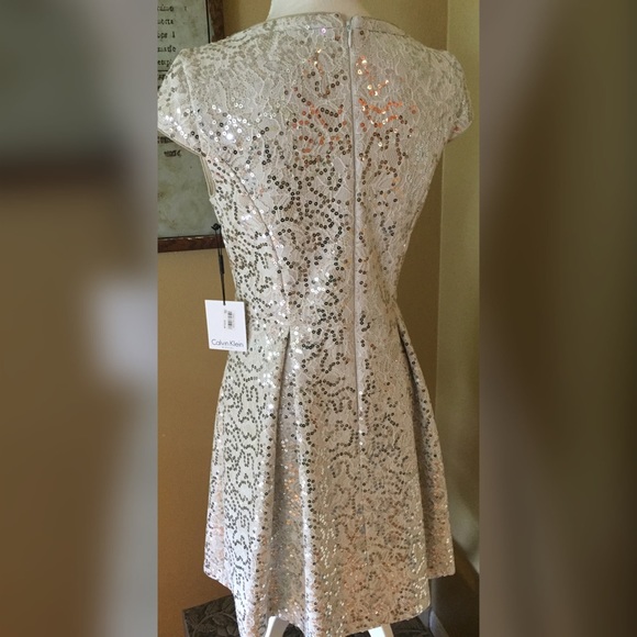 NWT Calvin Klein Sequin Ivory Lace Sheath Dress 6 - Picture 4 of 9